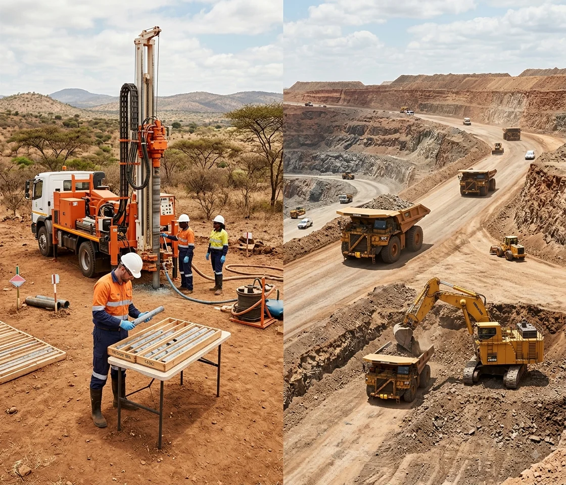 Modern mineral exploration drilling and mining operations in Tanzania